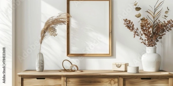 Fototapeta Mock up frame in home interior background, white room with natural wooden furniture, 3d render, 3d illustration