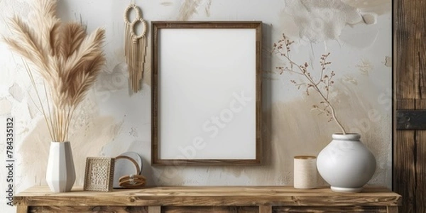 Fototapeta Mock up frame in home interior background, white room with natural wooden furniture, 3d render, 3d illustration