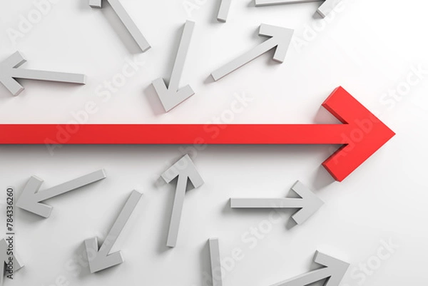 Fototapeta Various white and red arrows on light background. Growth and leadership concept. 3D Rendering.