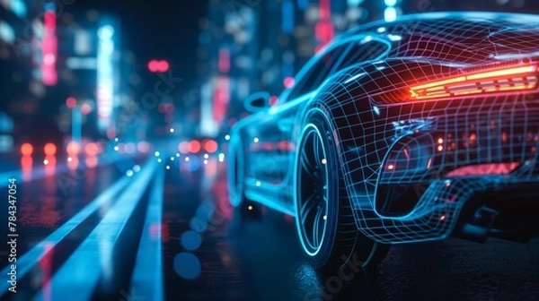 Fototapeta Futuristic 3D Concept Car. Autonomous Self Driving Van Moving Through City Highway. Visualized AI Sensors Scanning Road Ahead for Speed Limits, Vehicles, Pedestrians. Back View.