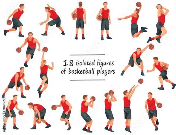 Obraz 18 basketball players in red jersey standing with the ball, running, jumping, throwing, dunking, shooting, passing the ball