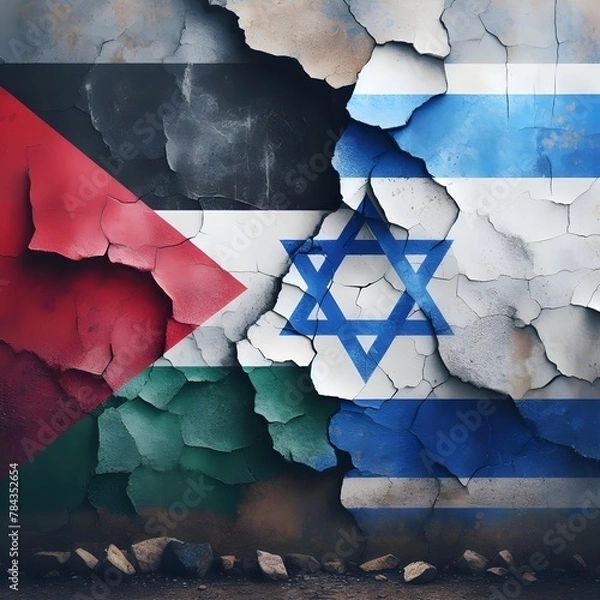 Obraz flags of Palestine and Israel painted on a cracked concrete wall. The crack is a symbol of the conflict between the two nations. representing the destruction and devastation caused by the conflict