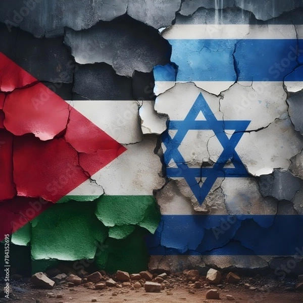 Obraz flags of Palestine and Israel painted on a cracked concrete wall. The crack is a symbol of the conflict between the two nations. representing the destruction and devastation caused by the conflict