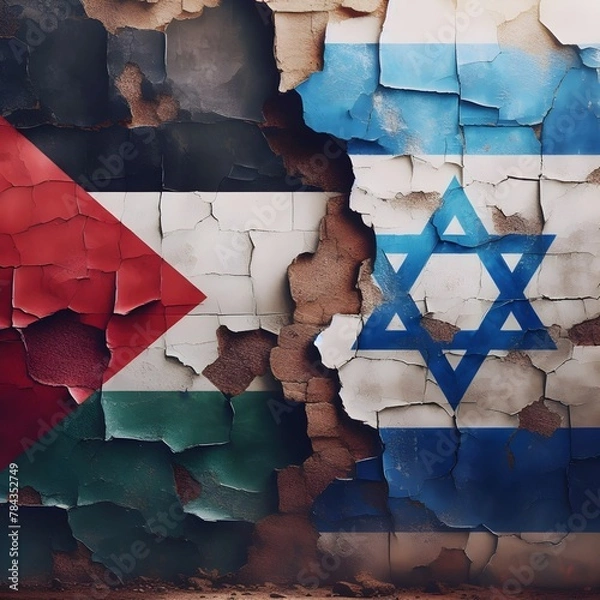 Obraz flags of Palestine and Israel painted on a cracked concrete wall. The crack is a symbol of the conflict between the two nations. representing the destruction and devastation caused by the conflict