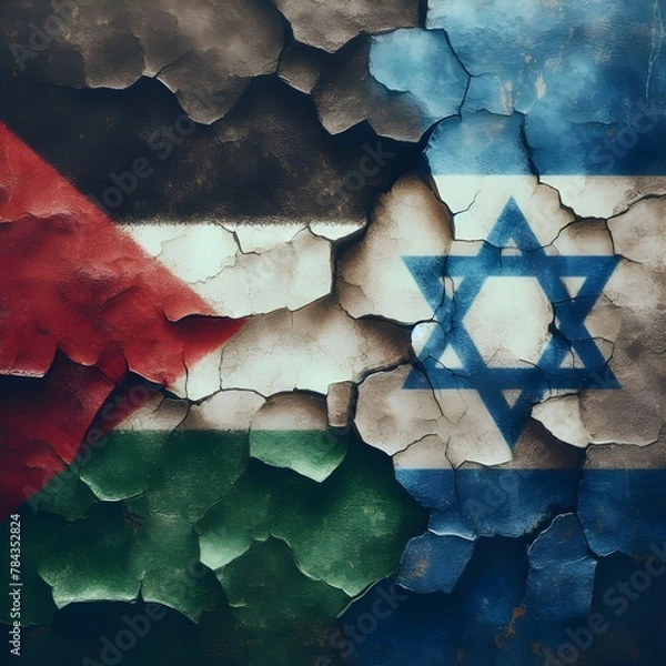 Obraz flags of Palestine and Israel painted on a cracked concrete wall. The crack is a symbol of the conflict between the two nations. representing the destruction and devastation caused by the conflict