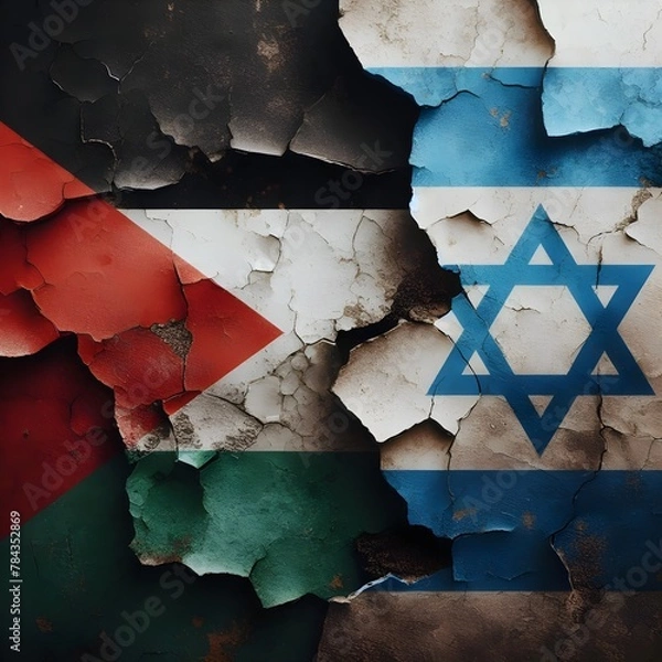 Obraz flags of Palestine and Israel painted on a cracked concrete wall. The crack is a symbol of the conflict between the two nations. representing the destruction and devastation caused by the conflict