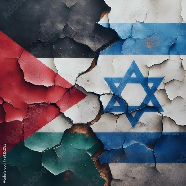 Obraz flags of Palestine and Israel painted on a cracked concrete wall. The crack is a symbol of the conflict between the two nations. representing the destruction and devastation caused by the conflict
