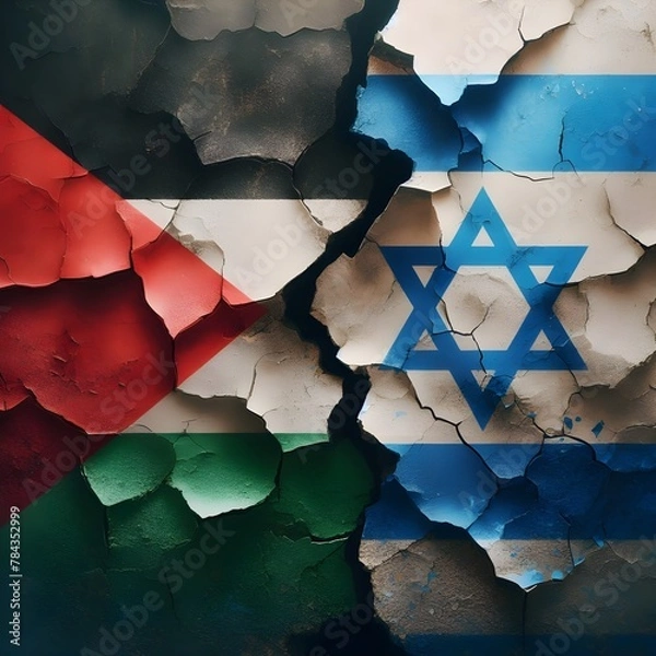 Obraz flags of Palestine and Israel painted on a cracked concrete wall. The crack is a symbol of the conflict between the two nations. representing the destruction and devastation caused by the conflict