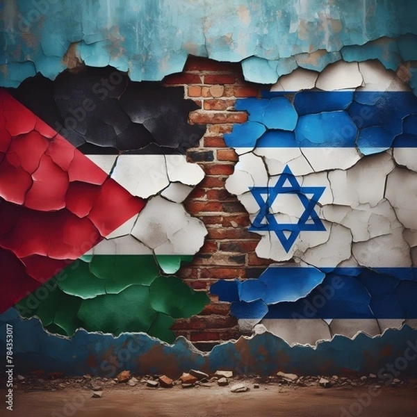 Obraz flags of Palestine and Israel painted on a cracked concrete wall. The crack is a symbol of the conflict between the two nations. representing the destruction and devastation caused by the conflict