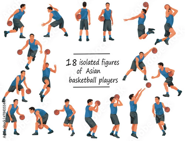 Obraz 18 Thai or Japanese basketball players in blue jersey standing, running, jumping, throwing, shooting, passing the ball