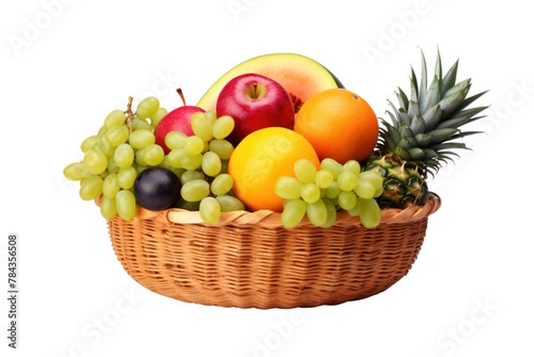 Fototapeta Basket of various fruits: grapes, watermelon, pineapple, papaya. Isolated on transparent background.