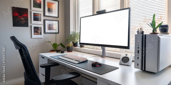Fototapeta Modern designer desktop with blank screen computer, supplies and coffee cup. Mockup