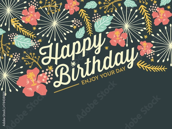 Obraz Happy Birthday card with flowers and leafs. Vector design.