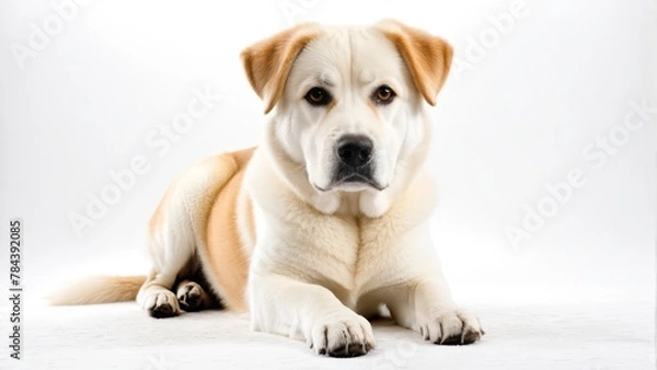 Obraz   Close-up of a sad-looking dog lying down against a pristine white backdrop