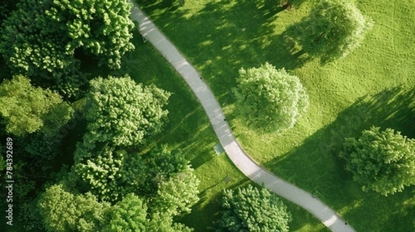 Fototapeta An overhead perspective of a road winding through a park. Suitable for travel or nature concepts