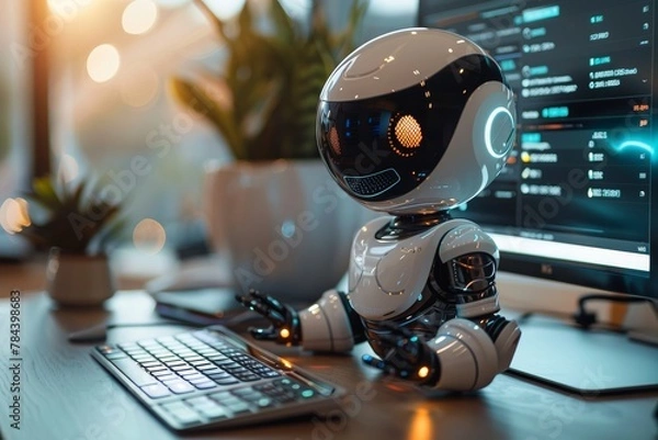 Fototapeta A futuristic white robot sitting and working with a computer keyboard, implying AI assistance