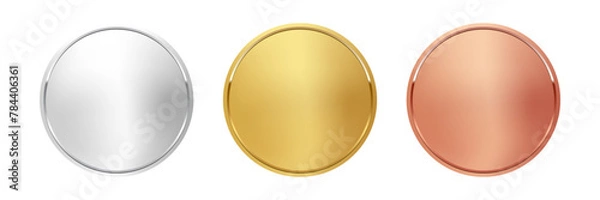 Fototapeta Award golden, silver and bronze blank medals 3d vector realistic illustration. First, second and third place medals or buttons isolated on white background. Quality blank, empty badge, emblem set