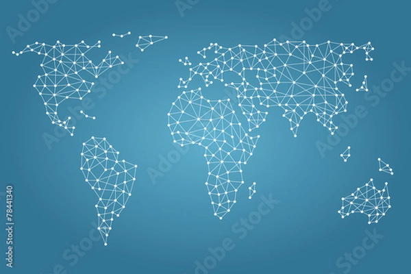 Fototapeta Social media network. World map with nodes linked by lines.