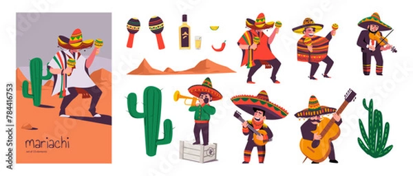 Fototapeta Mexican mariachi musicians with folk instruments. Composition and set of vector elements isolated on a white background.