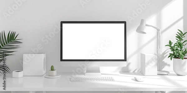 Obraz Modern bright private room with work desk and computer white mockup screen