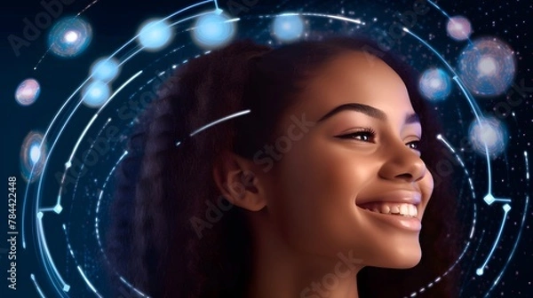 Fototapeta Smiling woman with astrological background