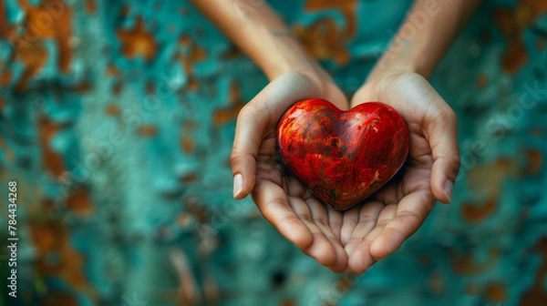 Obraz Two hands holding a red heart between them on a teal rustic background.