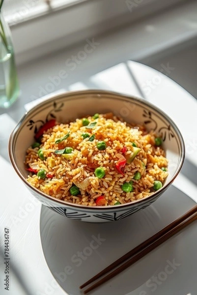 Obraz Fried rice with vegetables in a white bowl, top view, AI generated