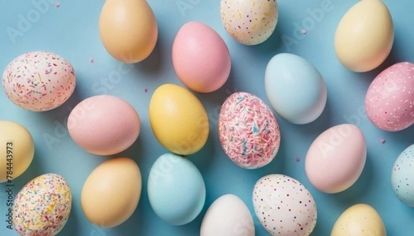 Fototapeta Top view photo of yellow pink blue white Easter eggs and sprinkles on isolated pastel blue background with empty space