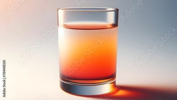 Fototapeta A glass cup containing a gradient mixture of transparent glowing orange liquid on an abstract white background