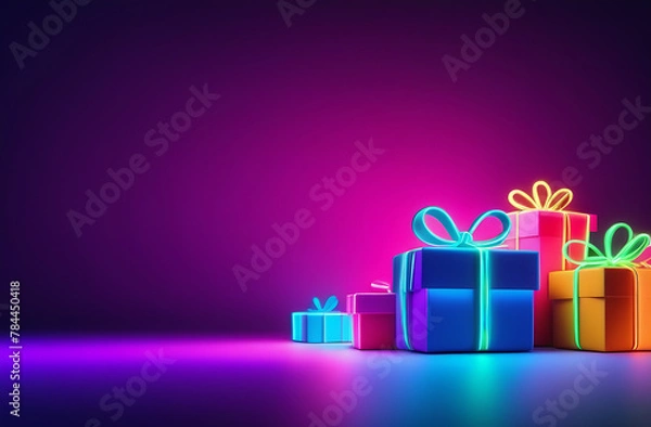 Fototapeta Lots of neon color gift boxes lying on neon background space for text. Discount sale background.