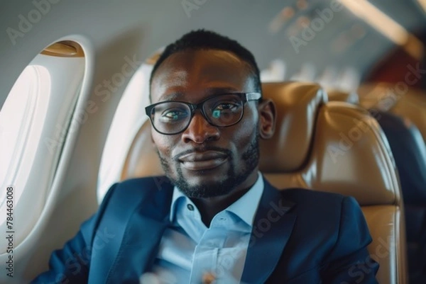 Fototapeta A man values his privacy on a flight in business class, where he can unwind and refocus on his goals