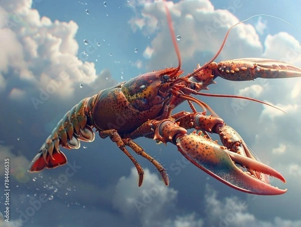 Obraz A whimsical image depicts a flying lobster soaring through the sky, its claws outstretched as if in flight, clean sharp focus