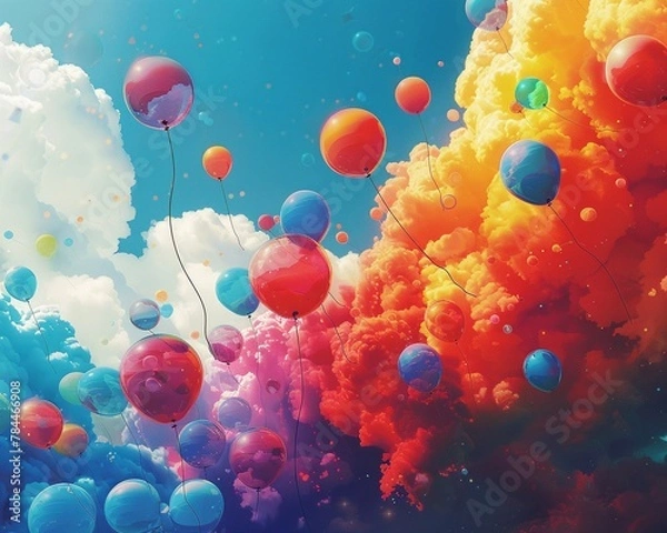 Fototapeta A whimsical illustration depicts the irrational exuberance that can drive investment bubbles, with colorful balloons representing inflated asset prices, high detailed