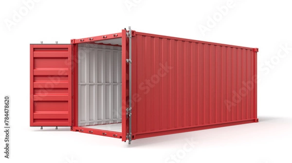 Fototapeta 3d rendering of open empty red barge container with white insides isolated on white background.