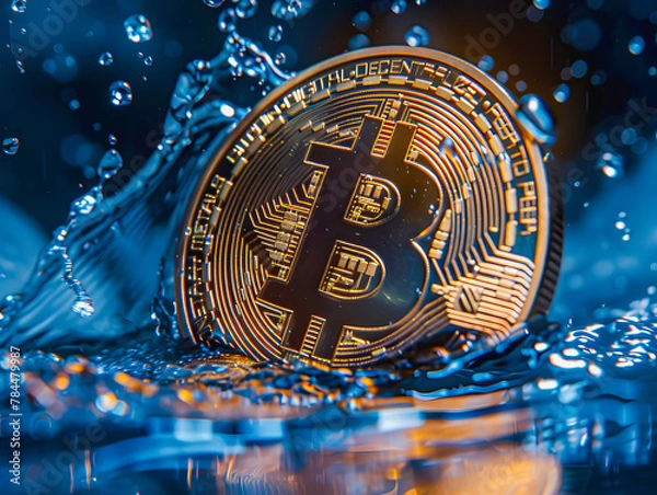 Fototapeta A single Bitcoin coin with a dynamic water splash around it, representing digital finance and investment.
