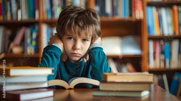 Fototapeta Tired frustrated boy sitting at table with many books at home. Angry grumpy kid doing homework. Learning difficulties, education, neurodiversity concept