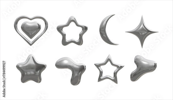 Fototapeta realistic 3D metal shapes set in y2k style on transparent background