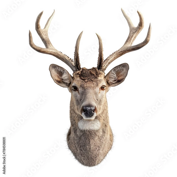 Fototapeta Extreme front view of realistic deer head which is mounted on a wall isolated on a white transparent background