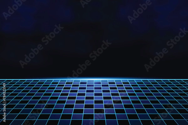 Fototapeta Blue retro cyberpunk futuristic background. Sci-Fi with chessboard floor background. Neon light grid landscapes. 80s, 90s