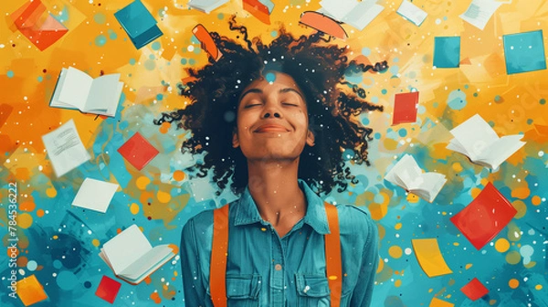 Obraz a contented black woman with many flying books around her, symbolizing maturity and self-affirmation through reading