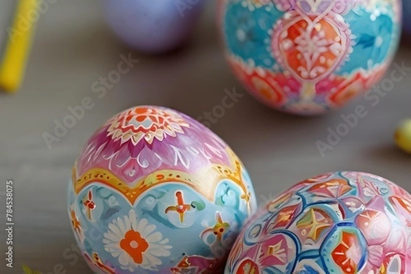 Fototapeta Easter egg painting: vibrant colors, intricate patterns, hands-on tradition with family and friends