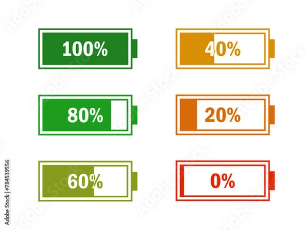 Fototapeta Level battery energy icon set. Powerfully full and power low up status batteries. Energy reusing concept. Alkaline tags. Battery charging point, charge indicator. Mobile plug. Vector illustration.