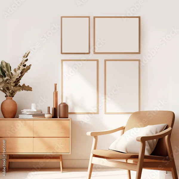 Fototapeta Mockup of four frames in a Scandinavian interior on a background of a white wall and dresser