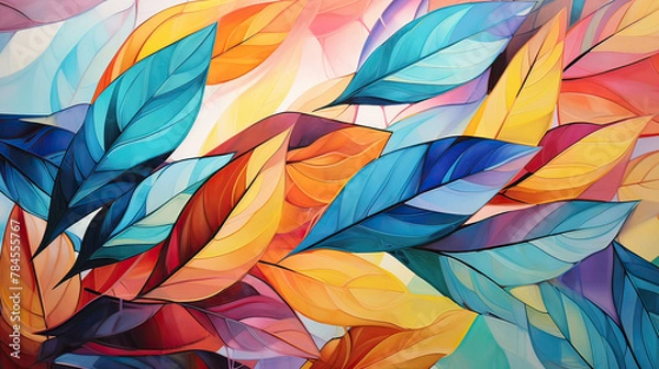 Fototapeta An artistic interpretation of leaves in abstract form, with a burst of colors and dynamic shapes, evoking a sense of organic beauty Ai Generative