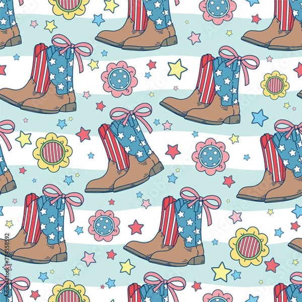 Fototapeta Seamless pattern of western boots with stars and stripes. This illustration has an American Independence Day theme. Pattern for fabric and wrapping paper, design wallpaper and fashion prints.