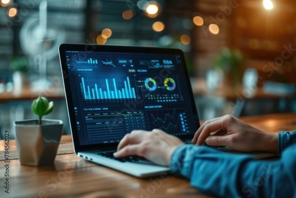 Fototapeta laptop with a graphical overlay of various business intelligence (BI) dashboards