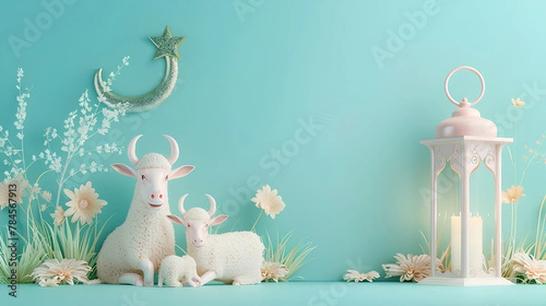 Fototapeta Eid al adha Mubarak background moslem eid al fitri, lantern, ramadan, eid al adha concept background, cute sheep and cow in light blue background	
