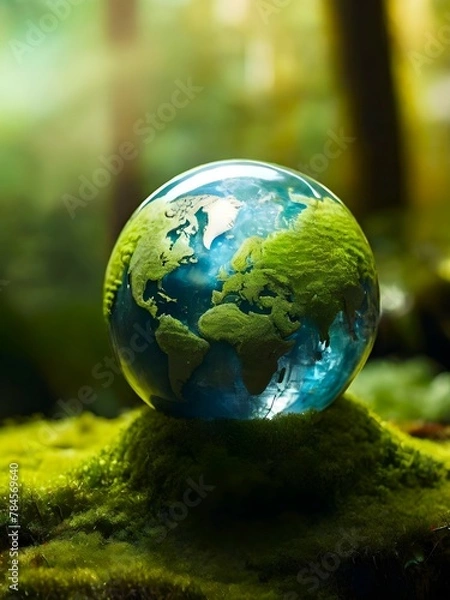 Obraz a crystal earth globe on a moss in a lush green forest. The image is showing how fragile the Earth is and how important it is to protect the environment . Happy Earth Day, World Environment Day