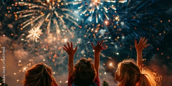 Fototapeta Three children watching colorful 4th of July fireworks display at night, joyful celebration, excitement in the air