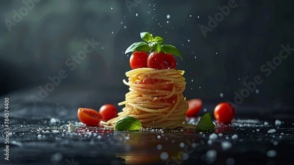Fototapeta Captivating display of spaghetti with fresh tomatoes and basil on dark background